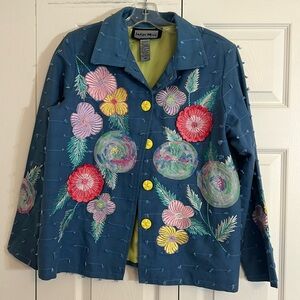 Indigo Moon Women’s Size XS Blue Embroidered Floral Jacket with Shoulder Pads H1